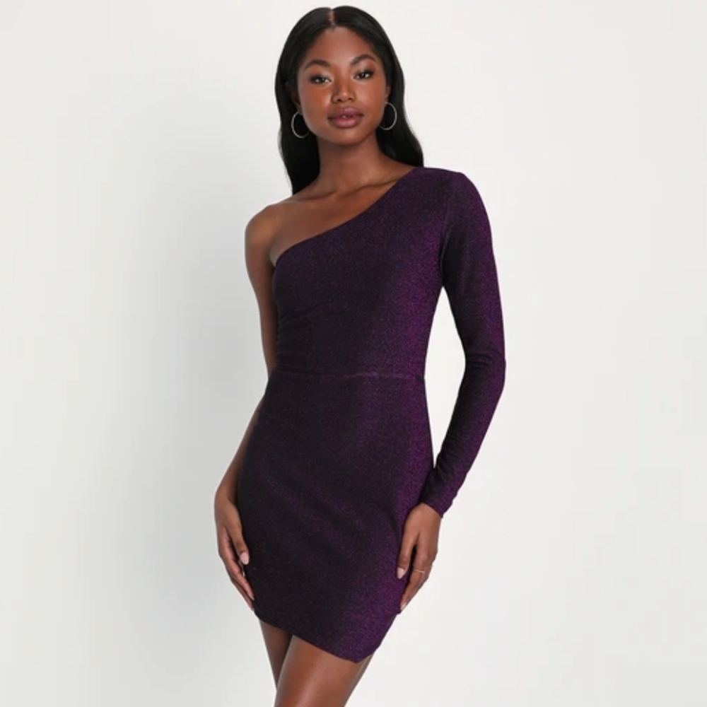 NWT Lulus Exceptional Approach Purple Lurex One-Shoulder Mini Dress